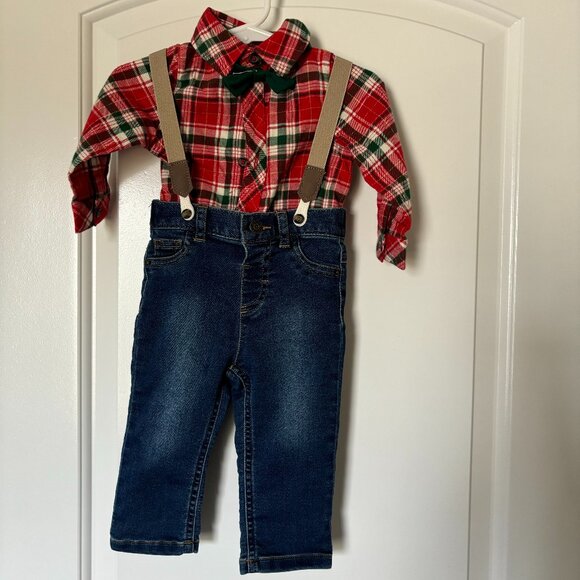 Cat & Jack Button Up Top with Bow Tie, Jeans & Suspenders, 6-9 months - Picture 1 of 8